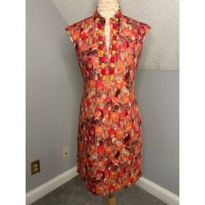EUC Eliza J New York Sheath Linen Blend Dress Rhinestones Coral Brown Taupe READ